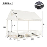 Children's Single Bed with Roof, Window, Curtains and Storage, 140x200cm, White Pine + MDF