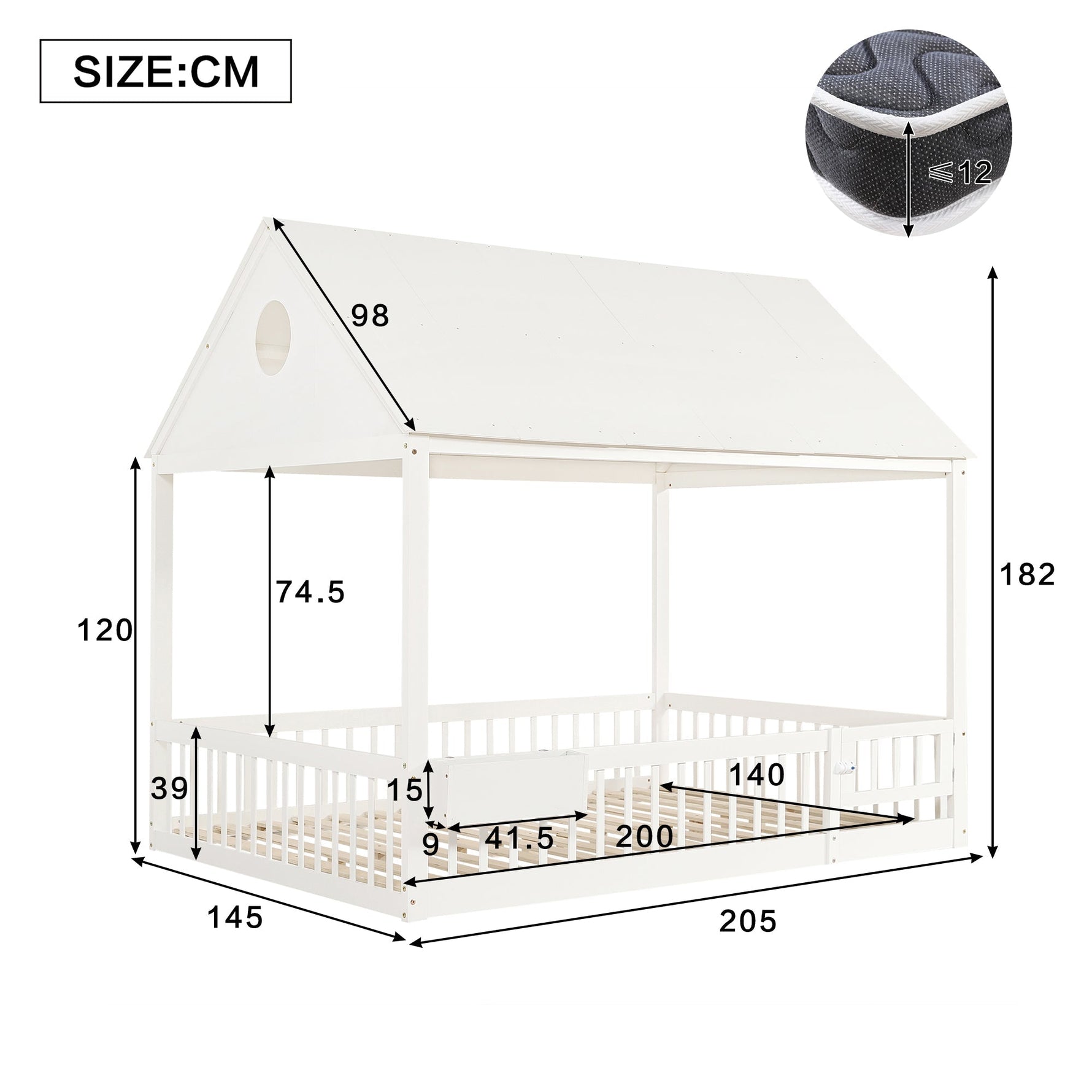 Children's Single Bed with Roof, Window, Curtains and Storage, 140x200cm, White Pine + MDF
