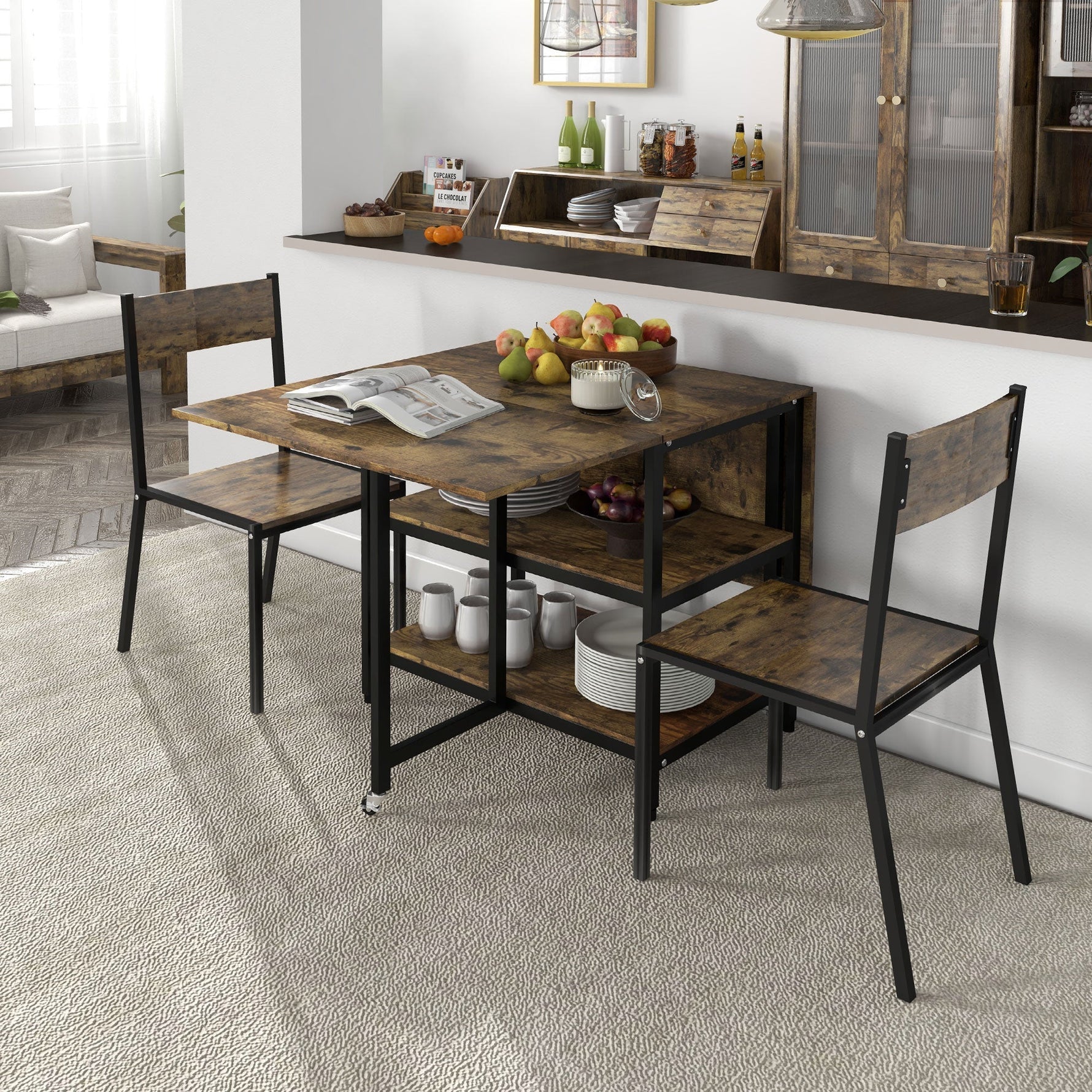 Folding Dining Table, Wheels, 140x80cm, 2-6 People, Rustic Brown Steel