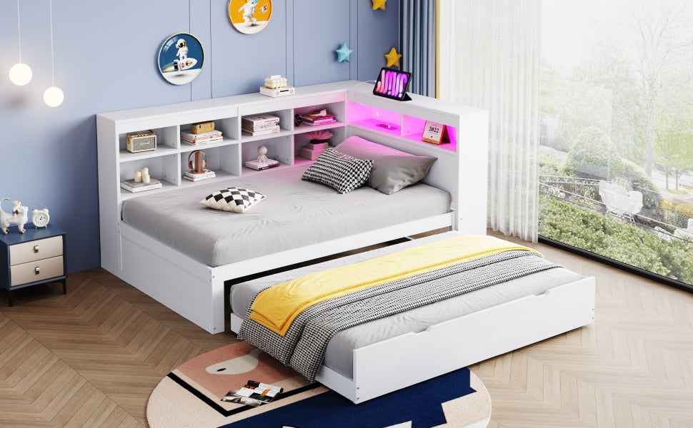 Solid Wood Sofa with Pull-Out Bed, USB & LED, White