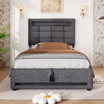 Upholstered Bed with LED Lights, APP Control, Hydraulic Storage and USB Port, Grey Linen