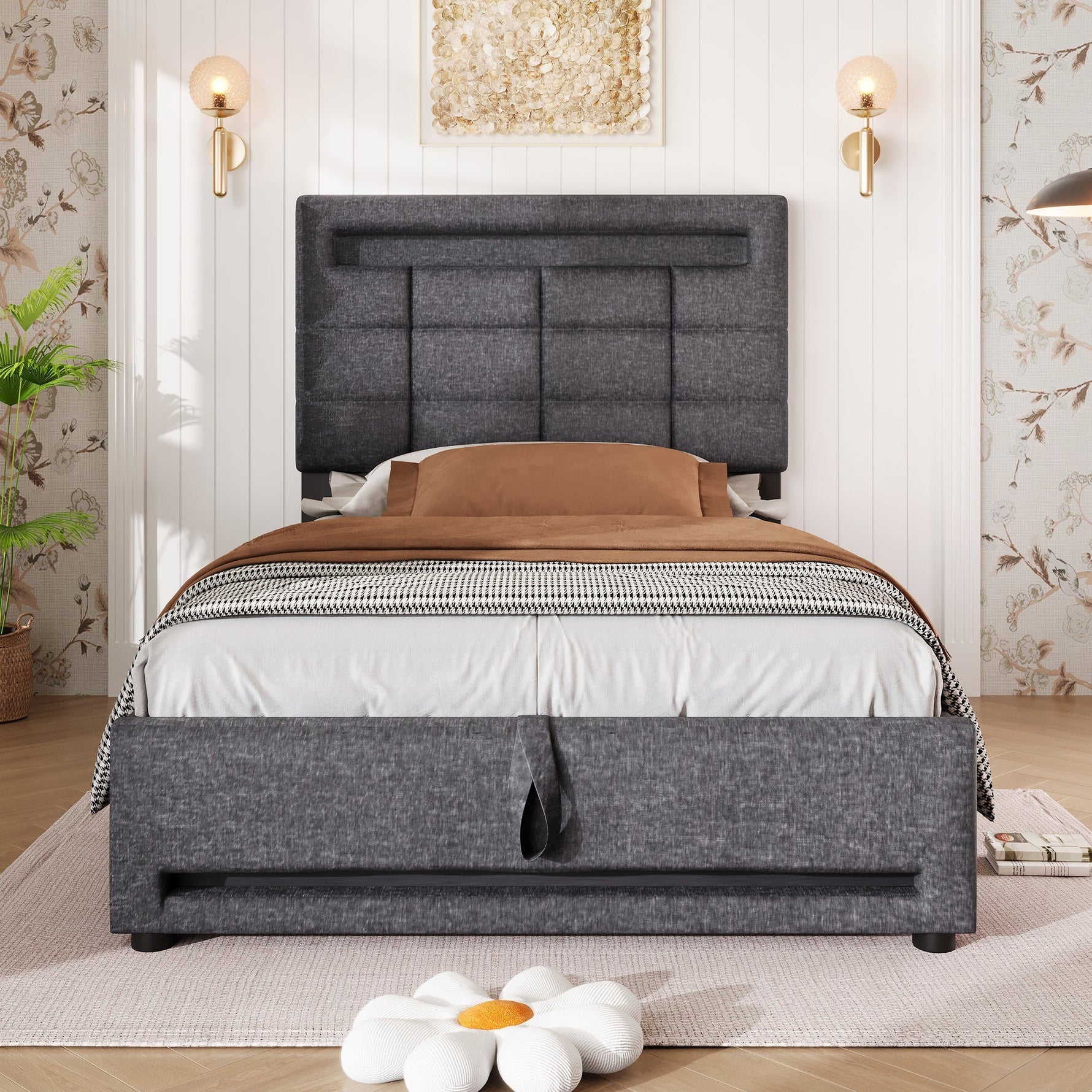 Upholstered Bed with LED Lights, APP Control, Hydraulic Storage and USB Port, Grey Linen
