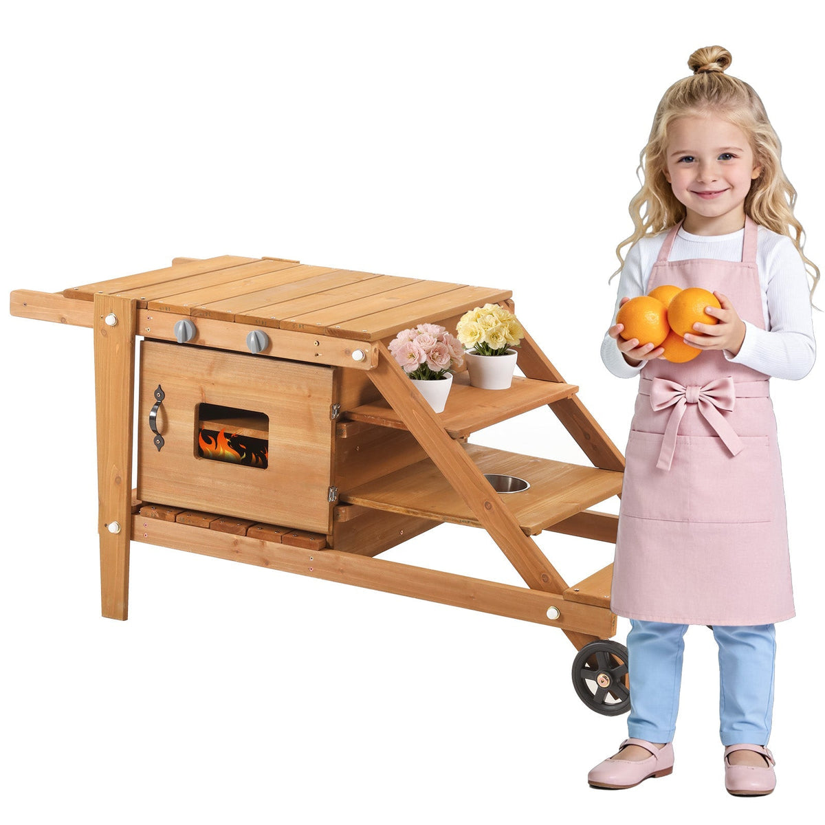 Outdoor Mud Kitchen with Wheels and Accessories, Wooden Garden Play Set, Natural Wood