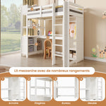 Loft Bed 90x200 cm with Desk, Wardrobe & Storage Shelves, White