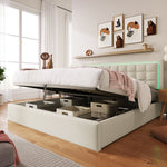 061617AAW Upholstered Double Bed with LED Lighting, Slatted Frame and Storage, 180x200cm, White Faux Leather