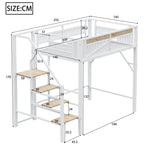 Metal Loft Bed 140x200cm with Ladder & Underbed Storage, White