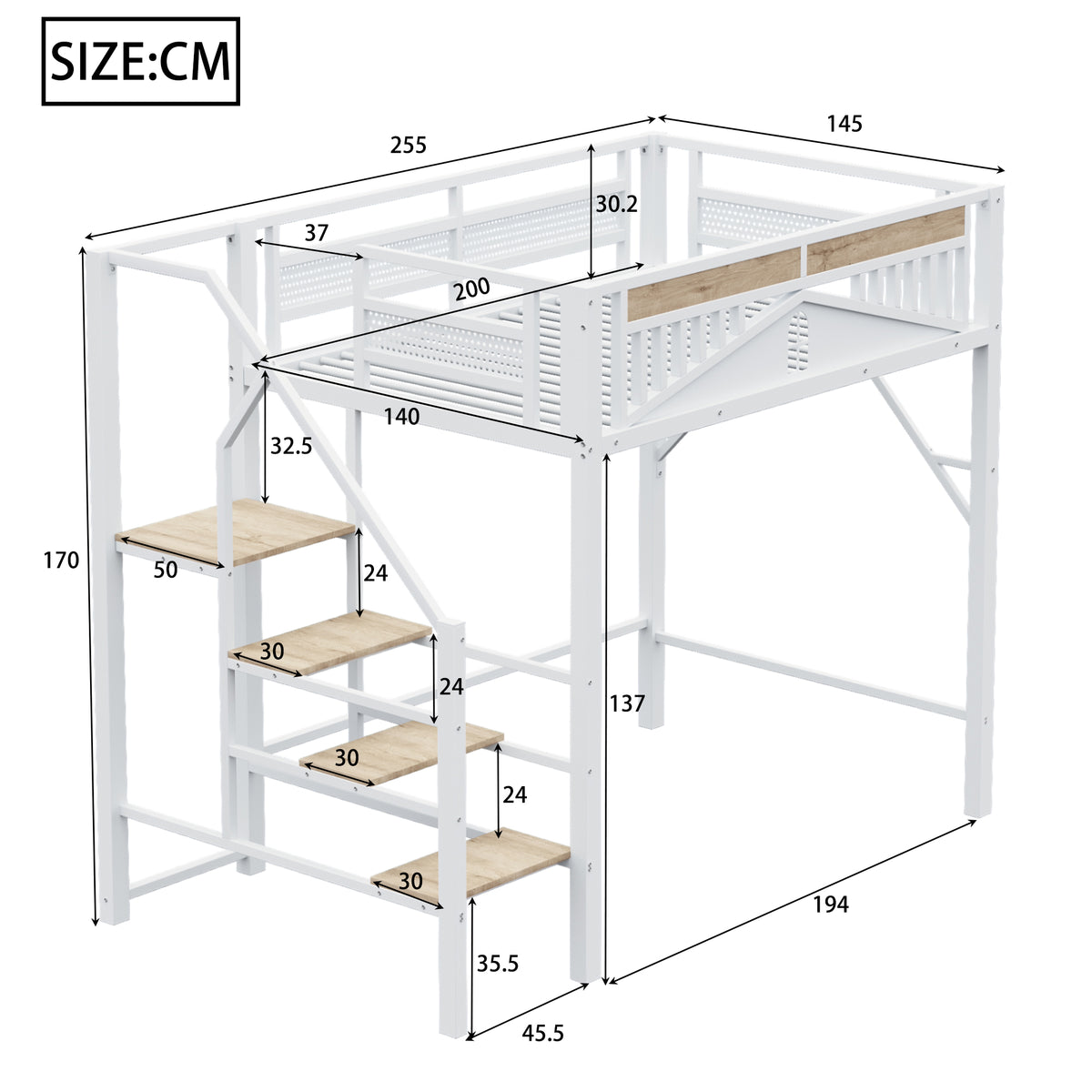 Metal Loft Bed 140x200cm with Ladder & Underbed Storage, White