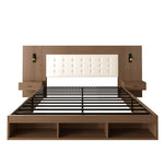 Double Bed with USB Charging Station, Reading Lamp and 2 Bedside Tables, 180x200cm, Walnut Wood Color