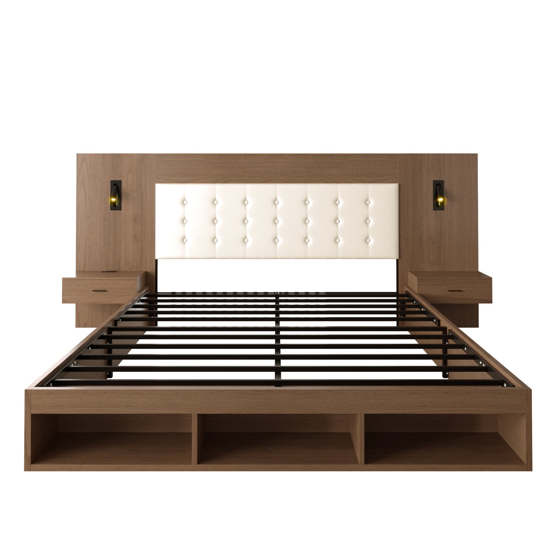 Double Bed with USB Charging Station, Reading Lamp and 2 Bedside Tables, 180x200cm, Walnut Wood Color