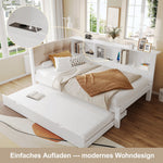 Daybed with Pull-Out Bed, LED Strip, Storage Shelf and USB Port, Pine Wood White