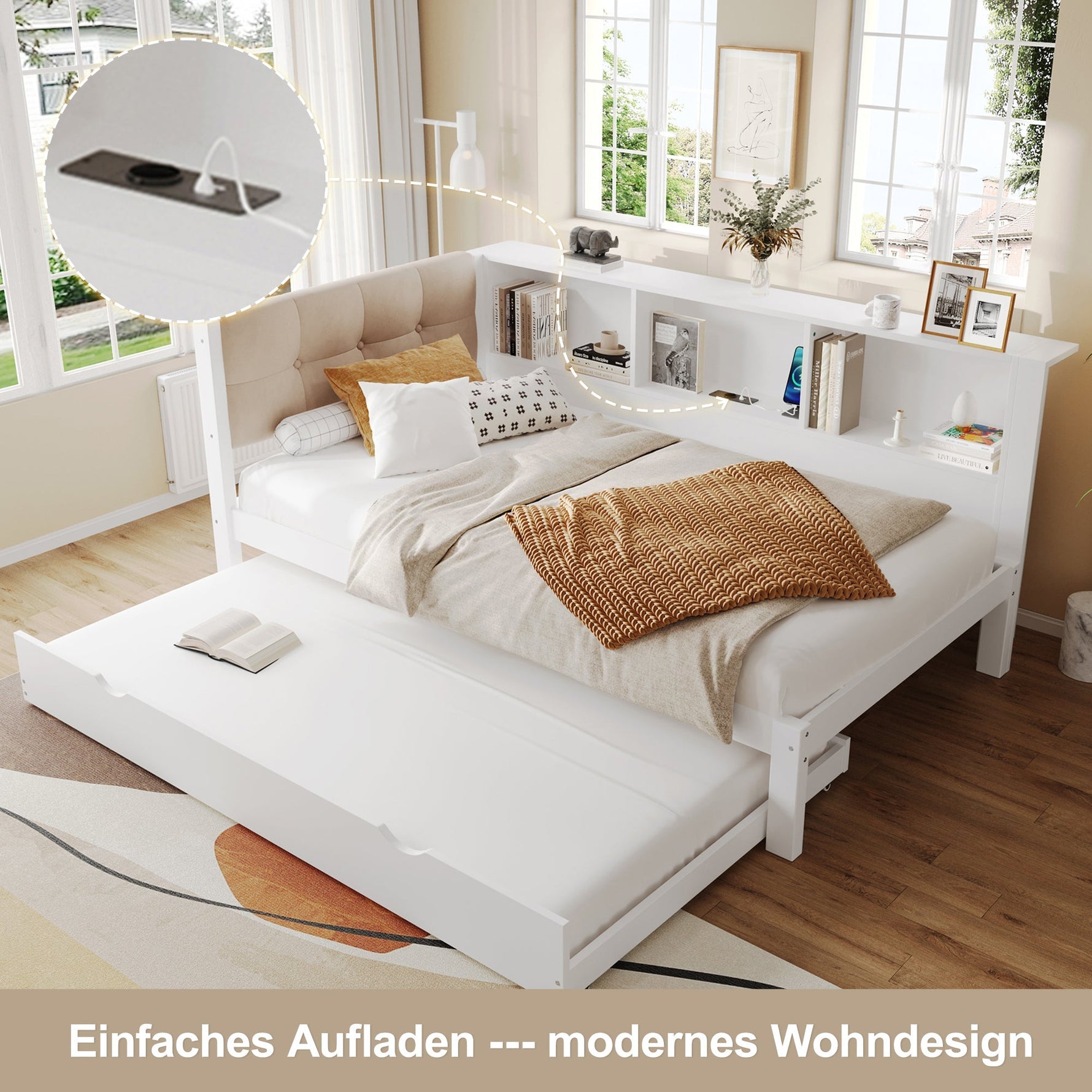 Daybed with Pull-Out Bed, LED Strip, Storage Shelf and USB Port, Pine Wood White