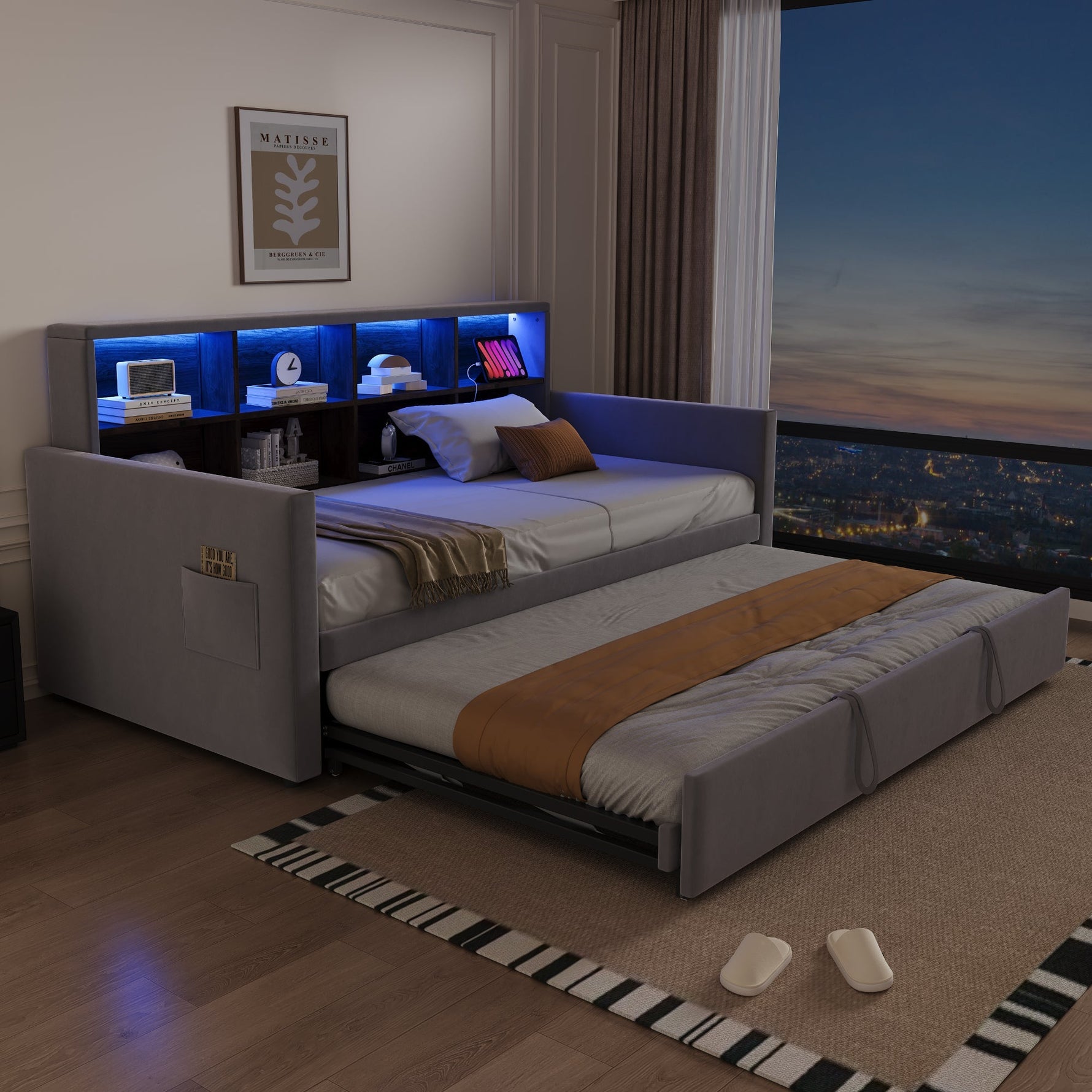Upholstered Sofa Bed 90x190cm with Storage Headboard, LED Lights and Charging Ports, Velvet, Light Grey