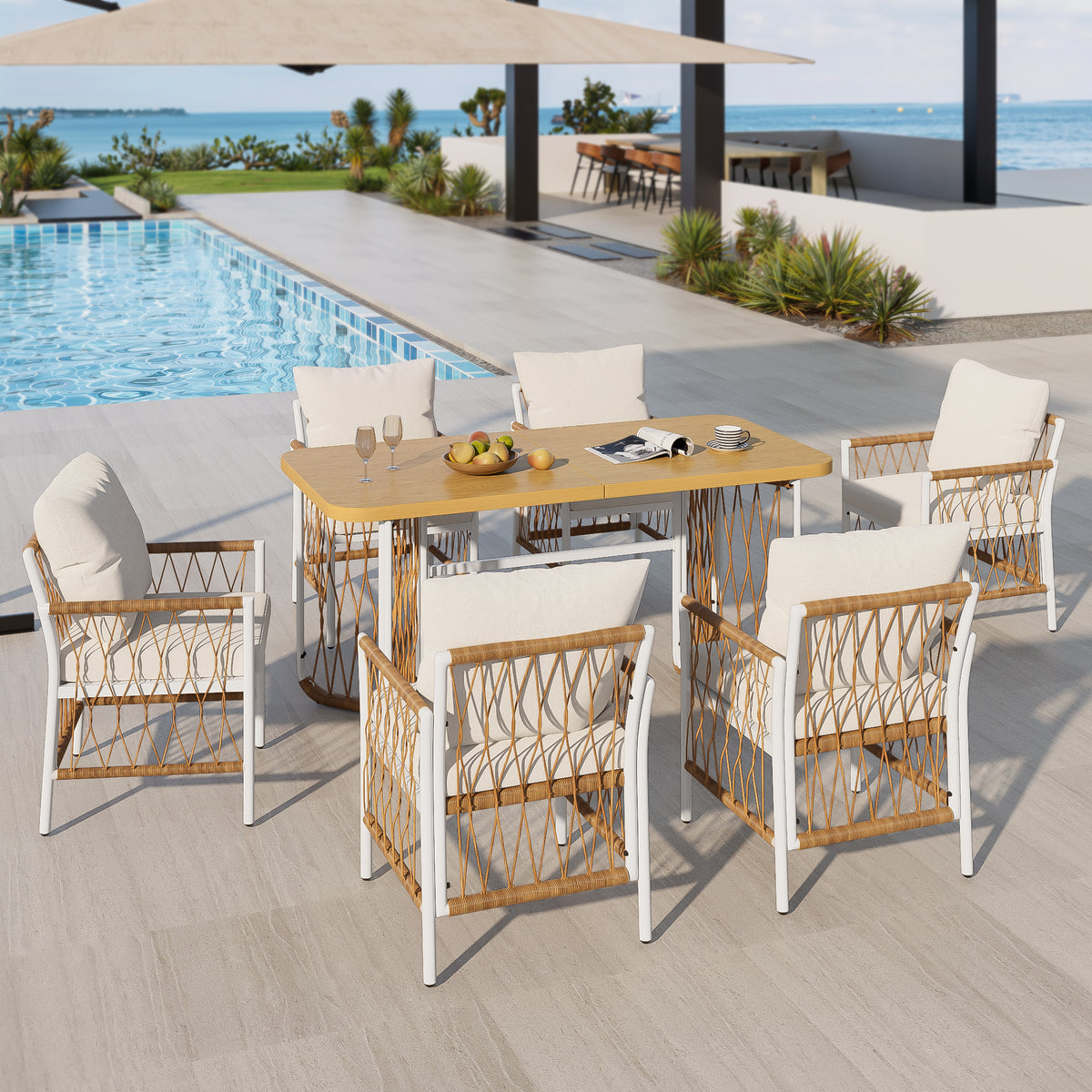 Modern Outdoor Patio Set with Cushions & Woven Armrests, Iron