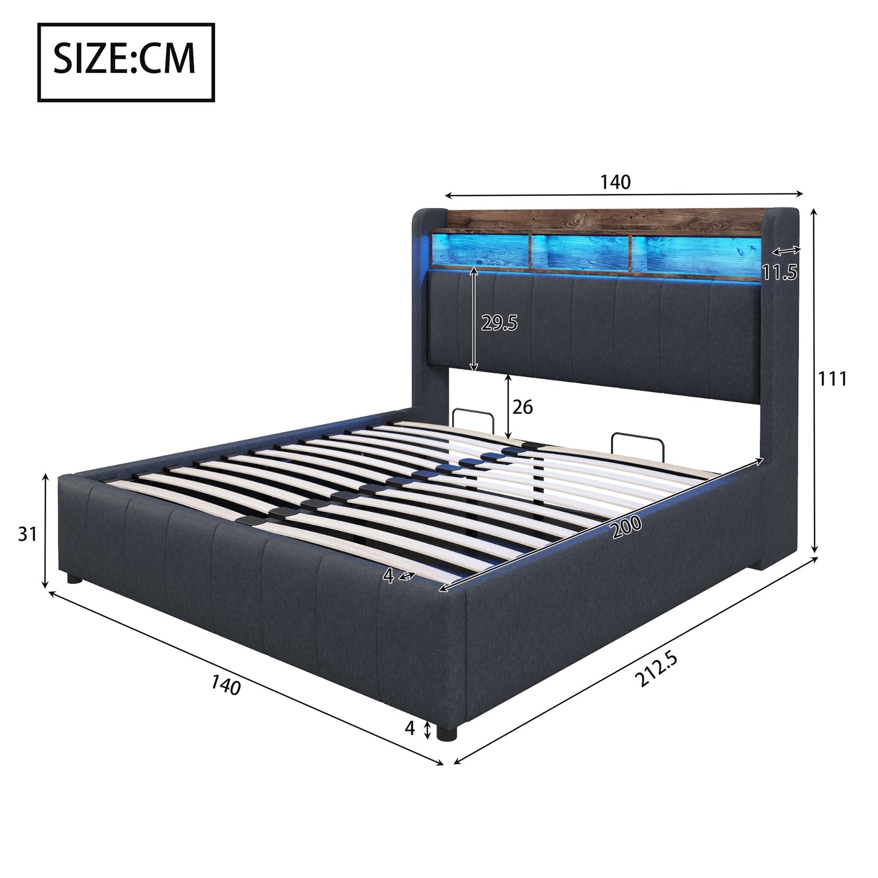 Upholstered Bed 140x200cm, LED & USB, Hydraulic Storage, Grey Linen