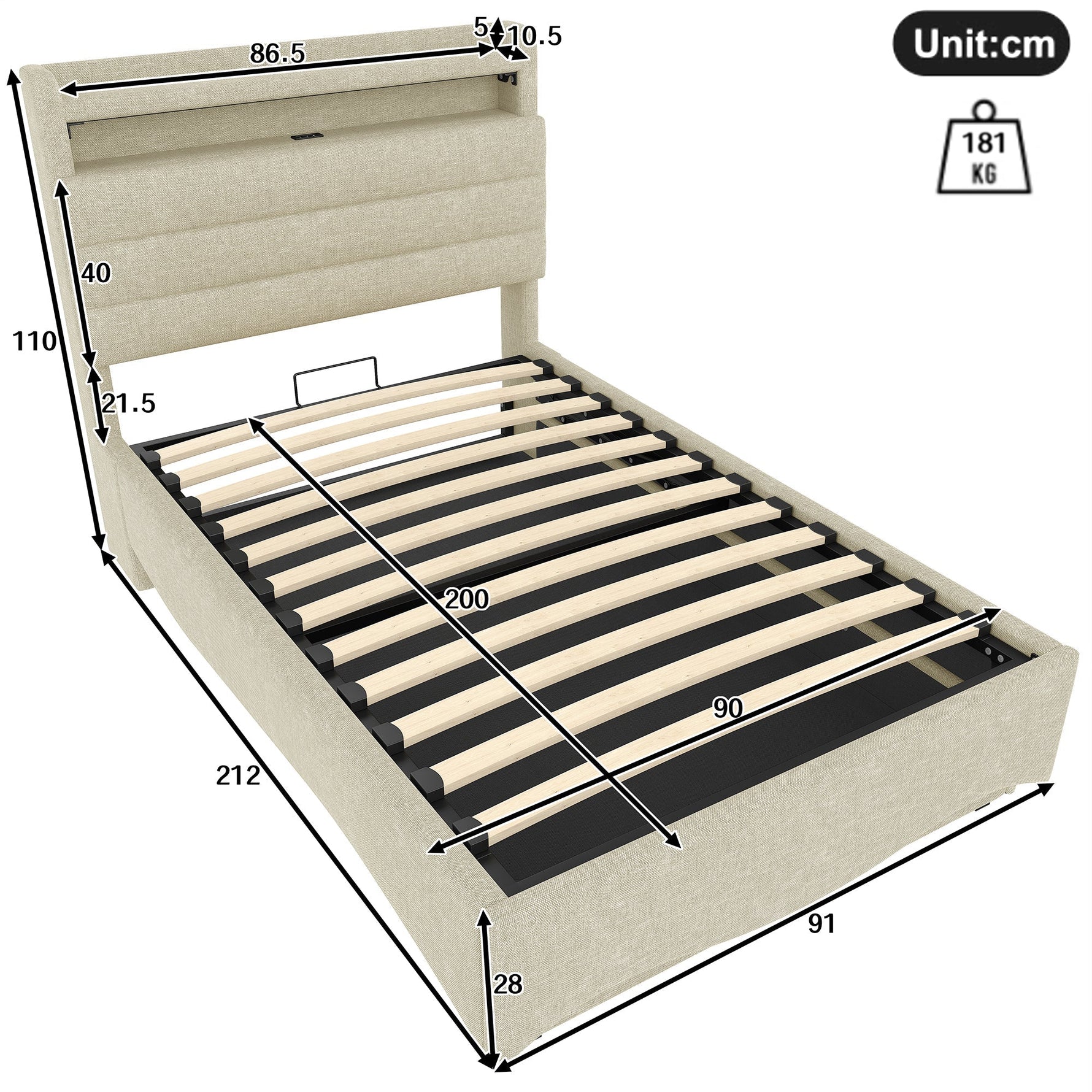 Upholstered Bed with LED Lighting, Hydraulic Storage, and USB Ports, Beige Linen Fabric