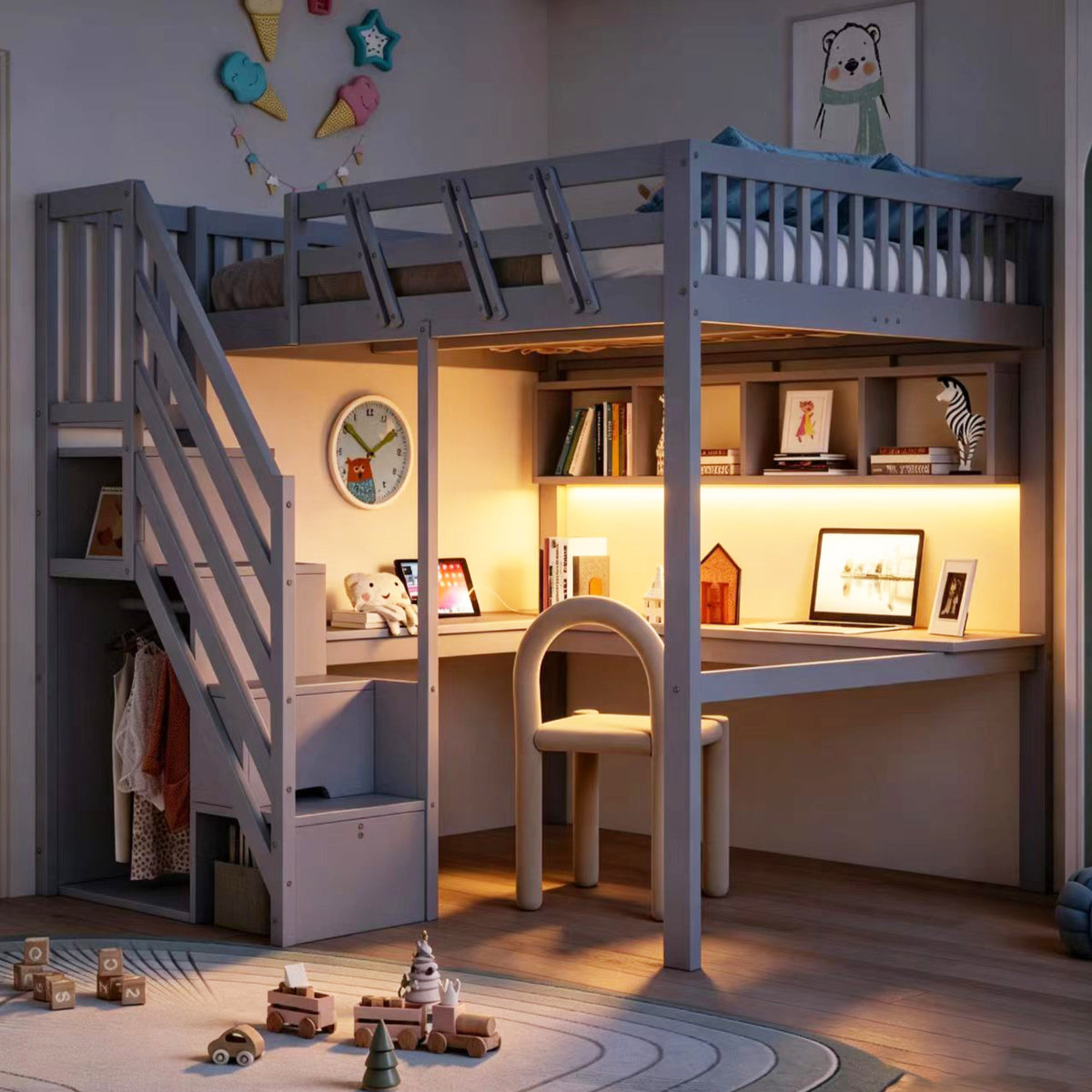 Solid Wood Loft Bed 140x200 with Desk, Storage & LED, Grey