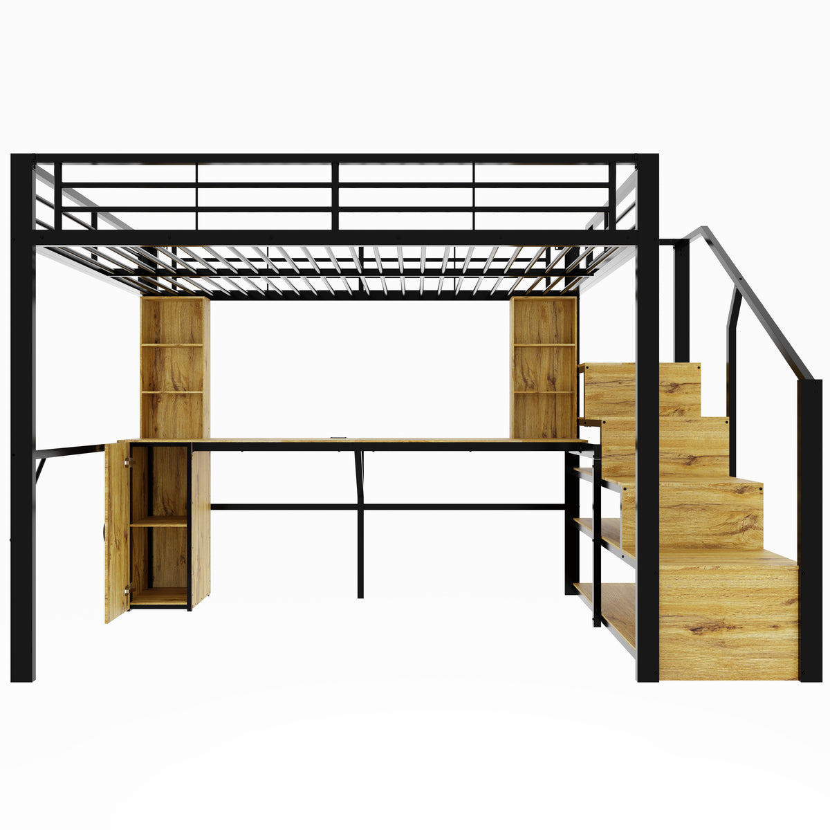 Metal Loft Bed 140x200cm with Desk & Wardrobe, Black