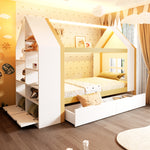 Children's House Bed 90x200 with 2 Drawers & LED, White & Natural