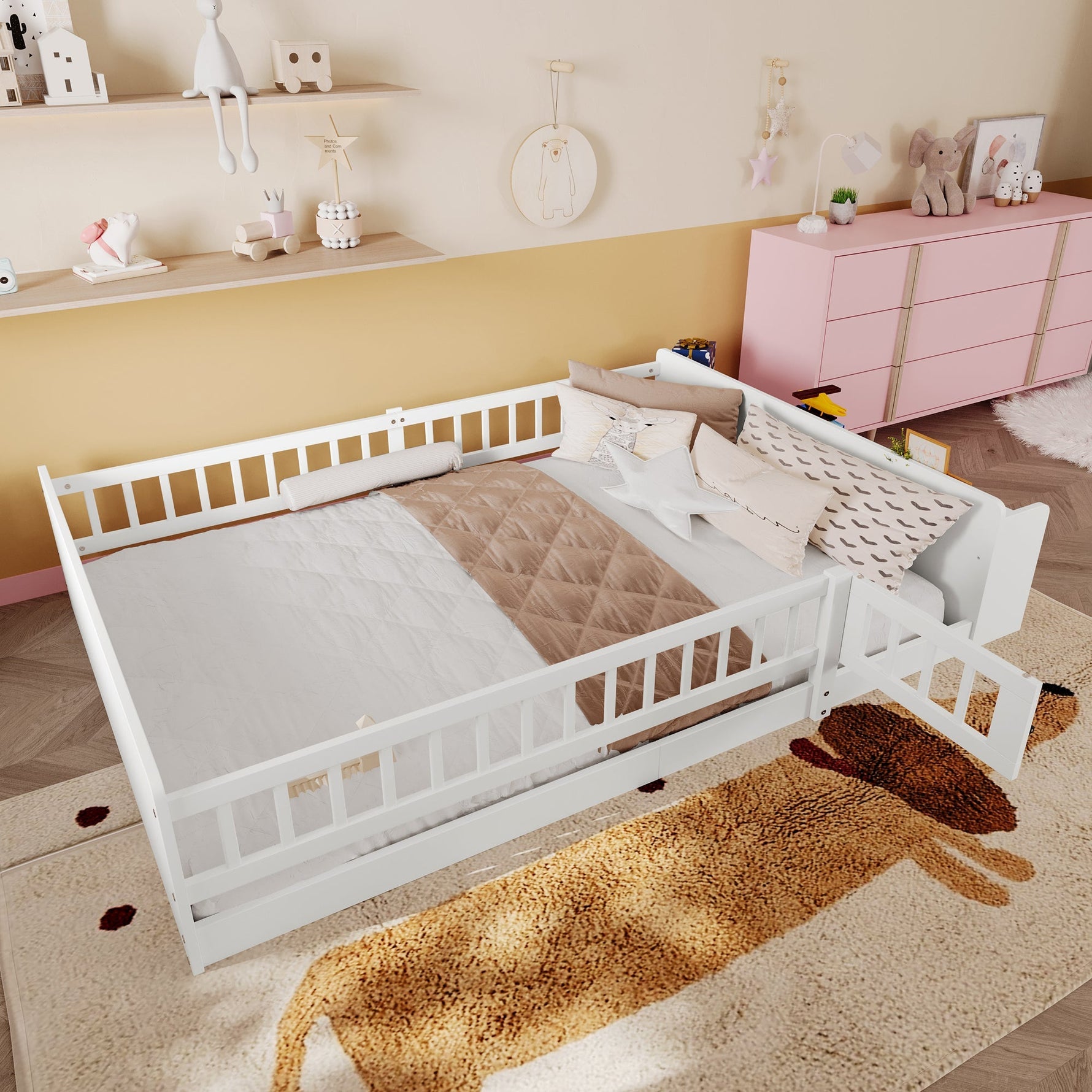 Children's Wooden Bed 140x190cm Open Storage Shelves Opening Case - Pine White
