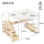Loft Bed 140x200cm with Desk, Storage & LED, White Iron Frame
