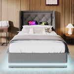 Upholstered Single Bed, Hydraulic Storage with USB & LED, Gray Cotton