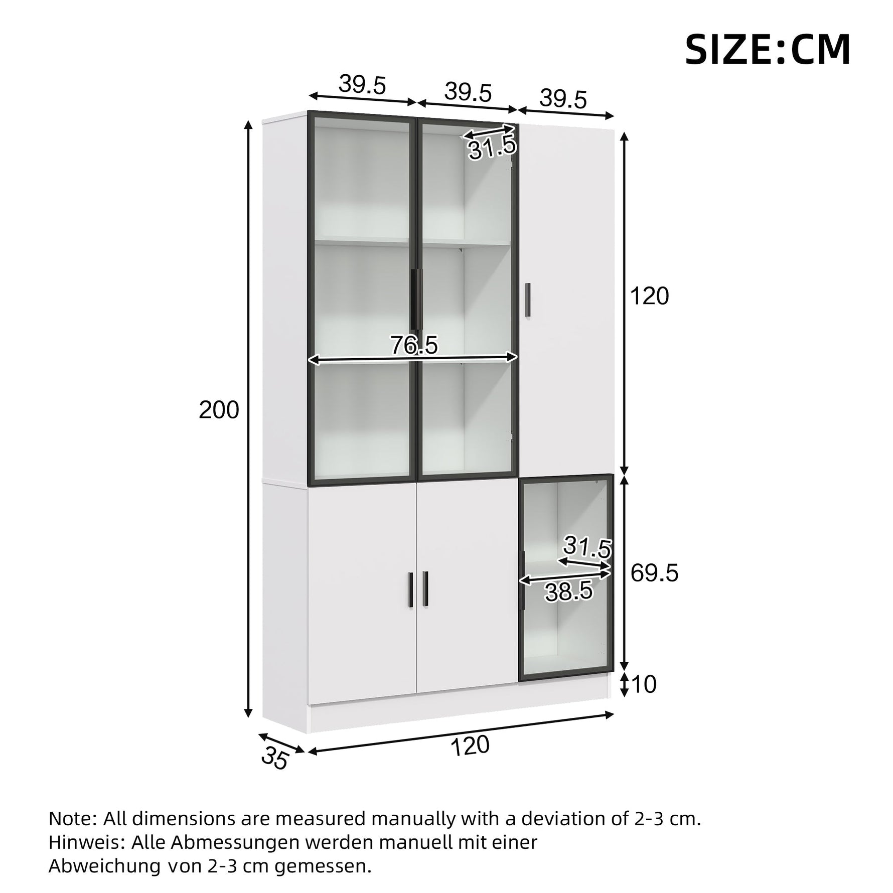 Glass Display Cabinet with LED Lights and 10 Storage Compartments, White and Glass