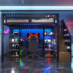Loft Bed with Desk, Storage Ladder and LED Strip, Black Iron Frame