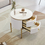 Side Table Coffee Table with Drawers, Adjustable, Gold Legs and Handles, Marble Texture