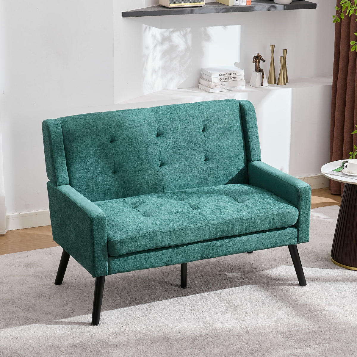 2-Seater Linen Bench with Solid Wood Legs and Button Tufting, Natural Linen Tone