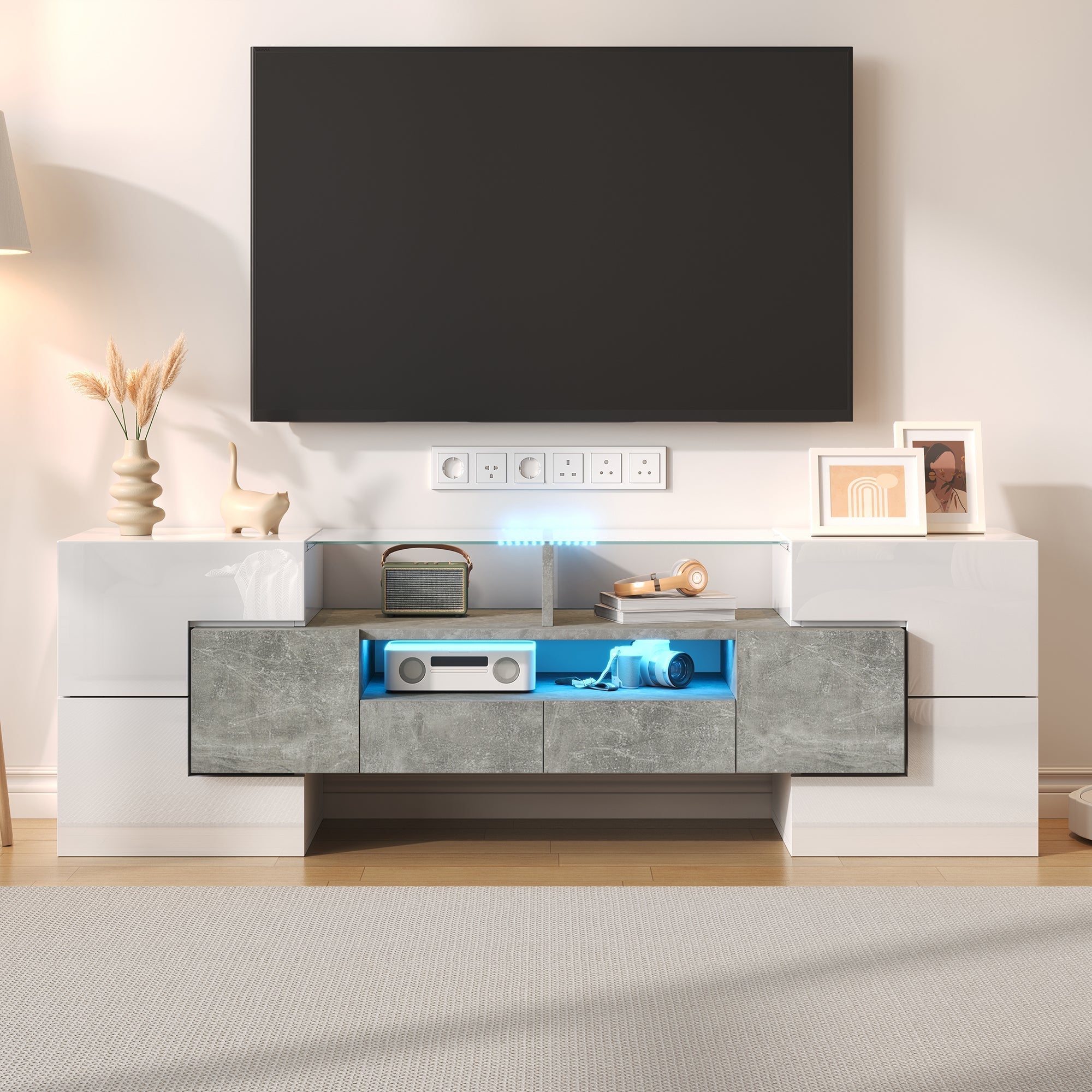 TV Cabinet Lowboard 145cm LED Lighting Modern High-Gloss White
