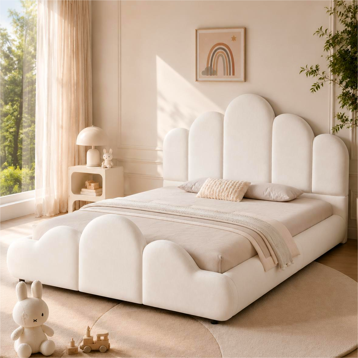 Upholstered Kids Bed 140x200cm with Headboard in Beige Velvet