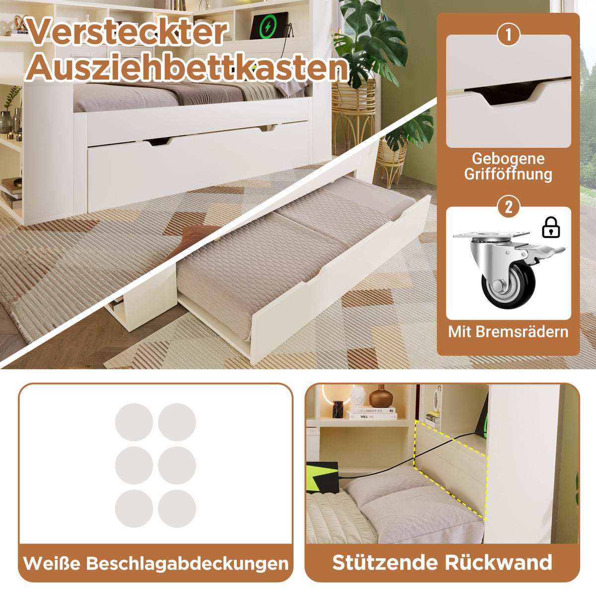 Storage Bed 140x200 with Pull-Out Bed & USB Ports, White Wood