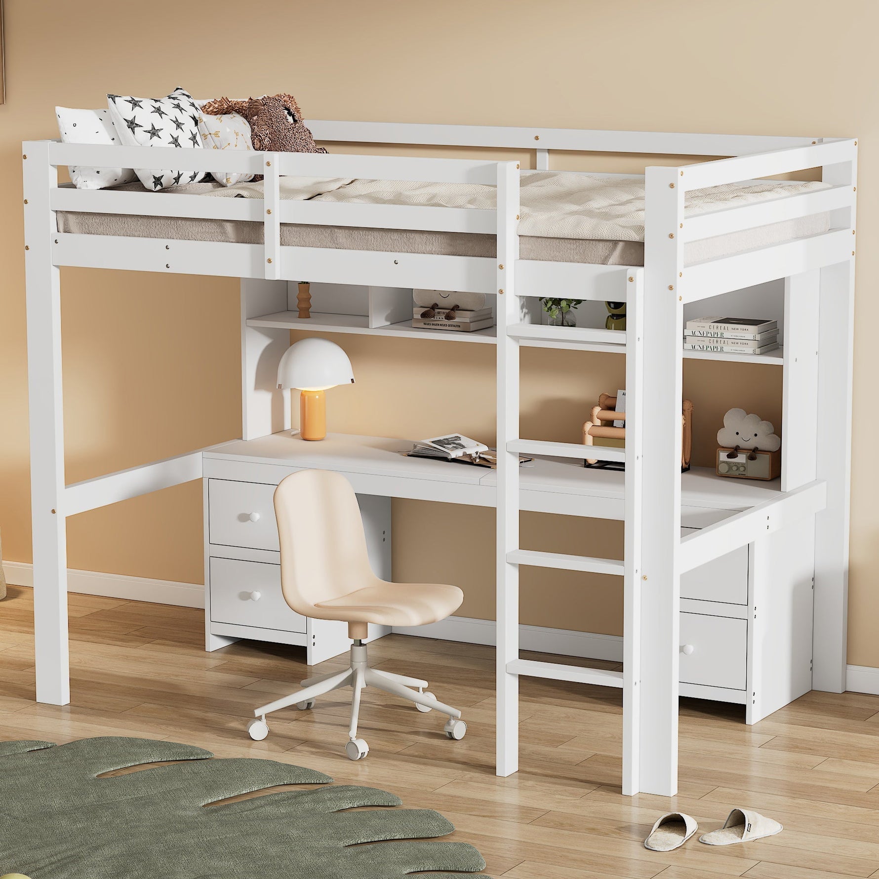 Loft Bed for Children with Desk and Storage, 90x200cm, White Pine Wood