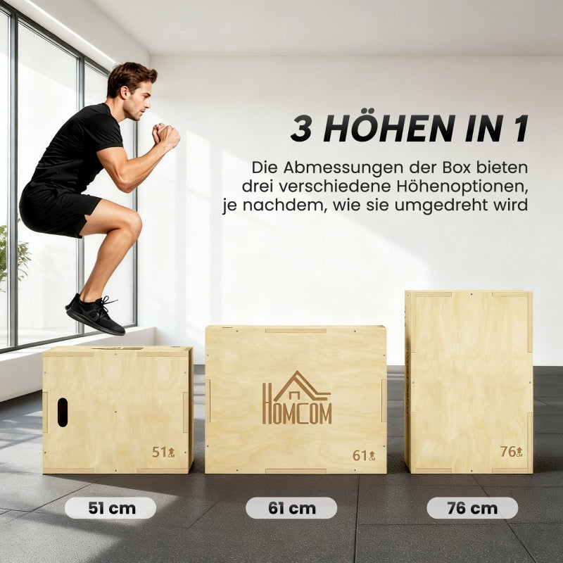 3-in-1 Wooden Plyo Box with 3 Jump Heights and Handles, 61 x 51 x 76 cm, Natural Wood