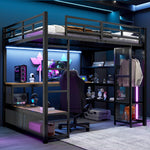 Loft Bed 140x200cm with Storage, Wardrobe & LED, Black Metal