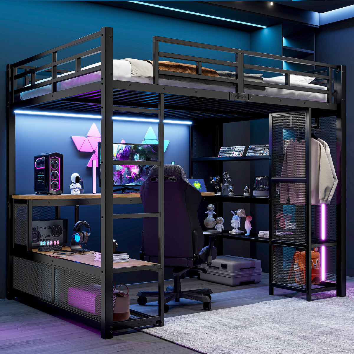 Loft Bed 140x200cm with Storage, Wardrobe & LED, Black Metal