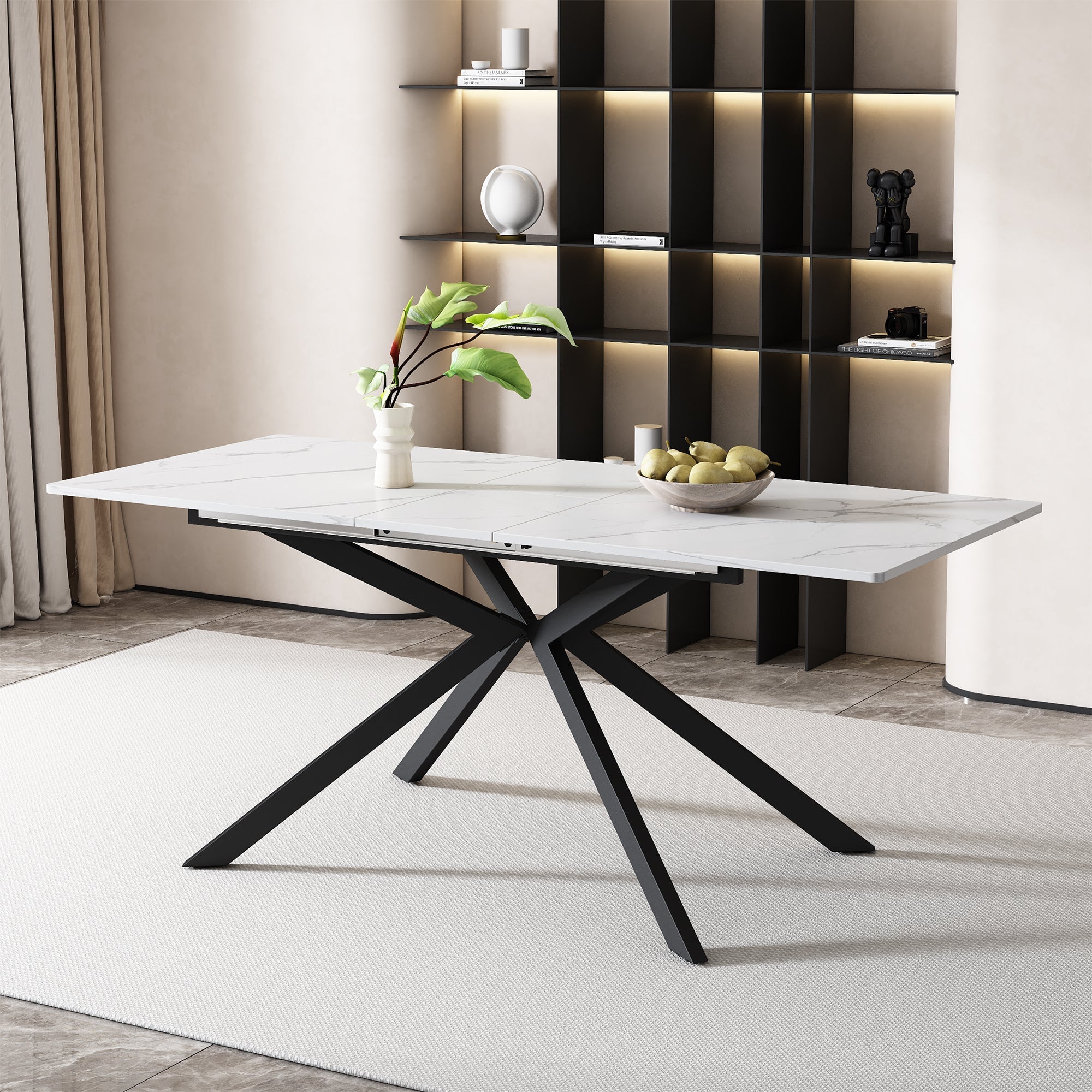 Extendable Dining Table with Automatic Extension and Cross Leg Design, Black and White Marble Look