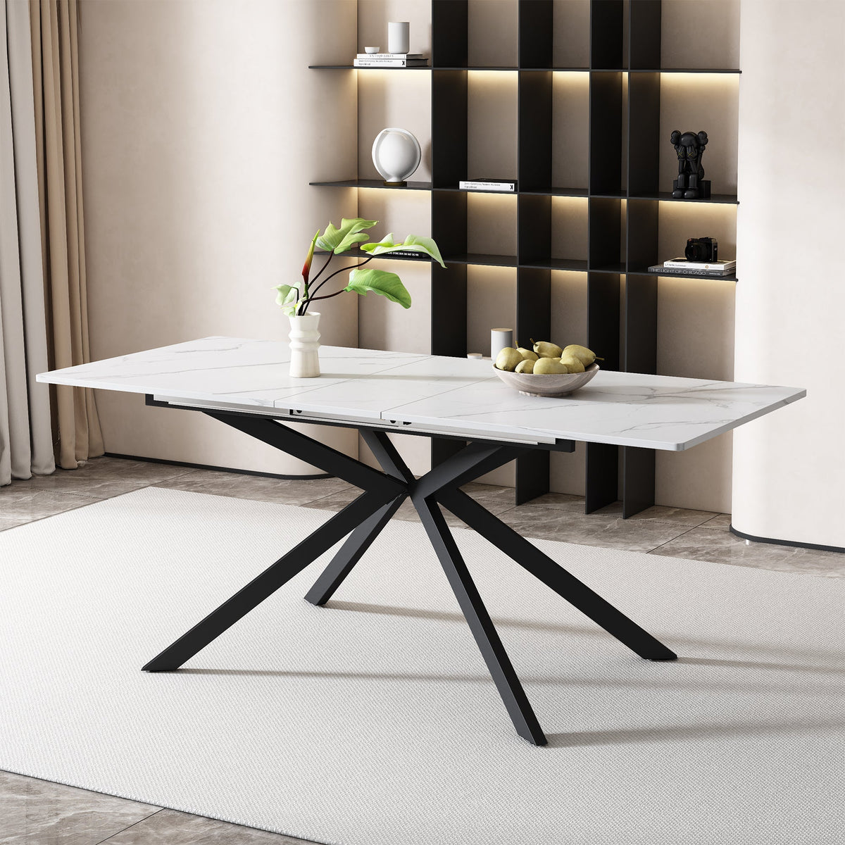 Extendable Dining Table with Automatic Extension and Cross Leg Design, Black and White Marble Look