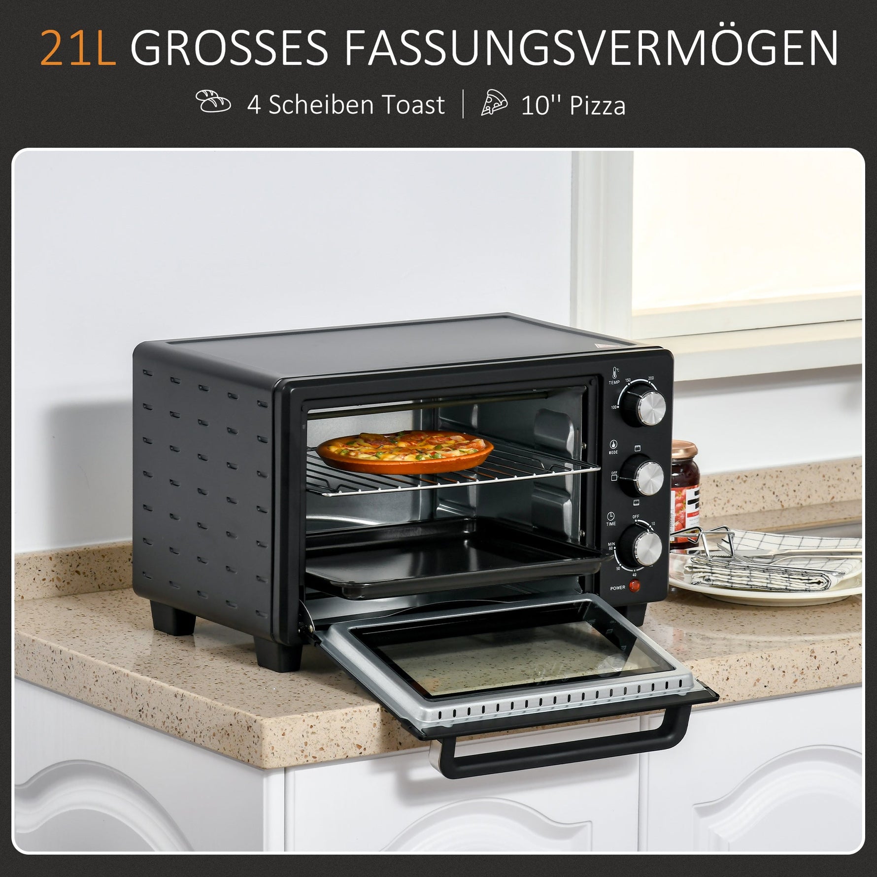 Mini Oven 21L, 3 Cooking Modes, 1400W, Black+Silver