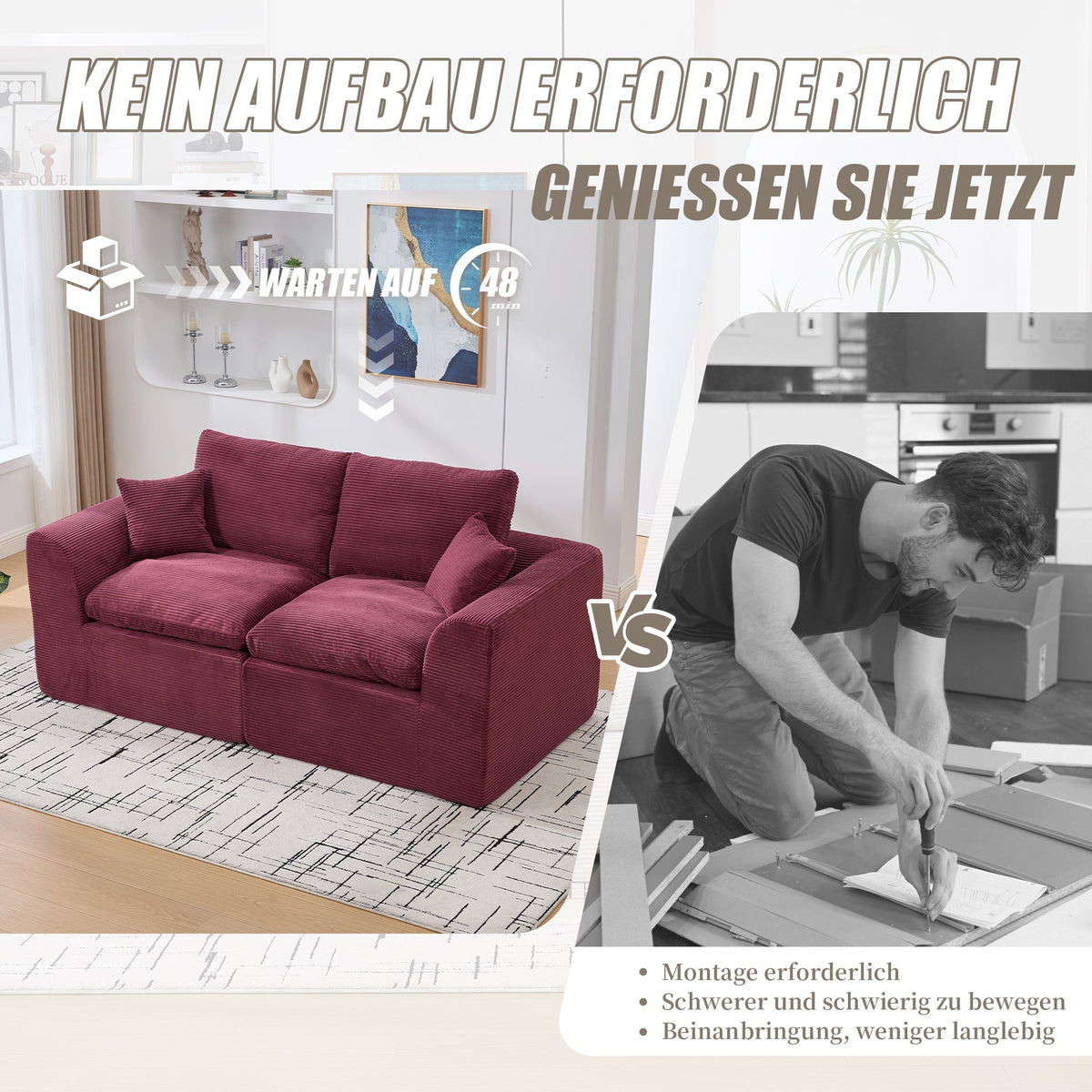 Two-seater Sofa Modern Minimalist Nordic with Cushions - Fabric