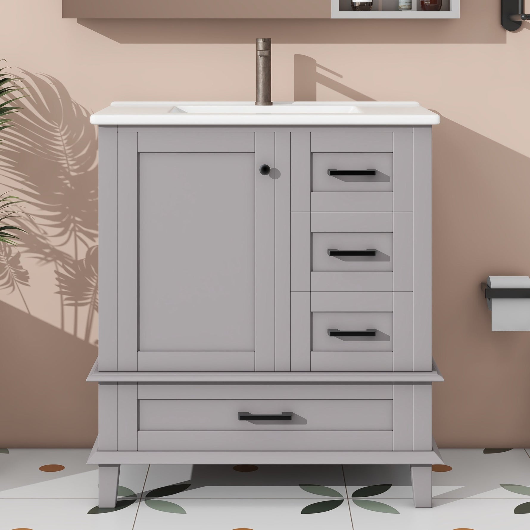 Bathroom Vanity Unit with Ceramic Sink and Silent Storage Drawers, Grey
