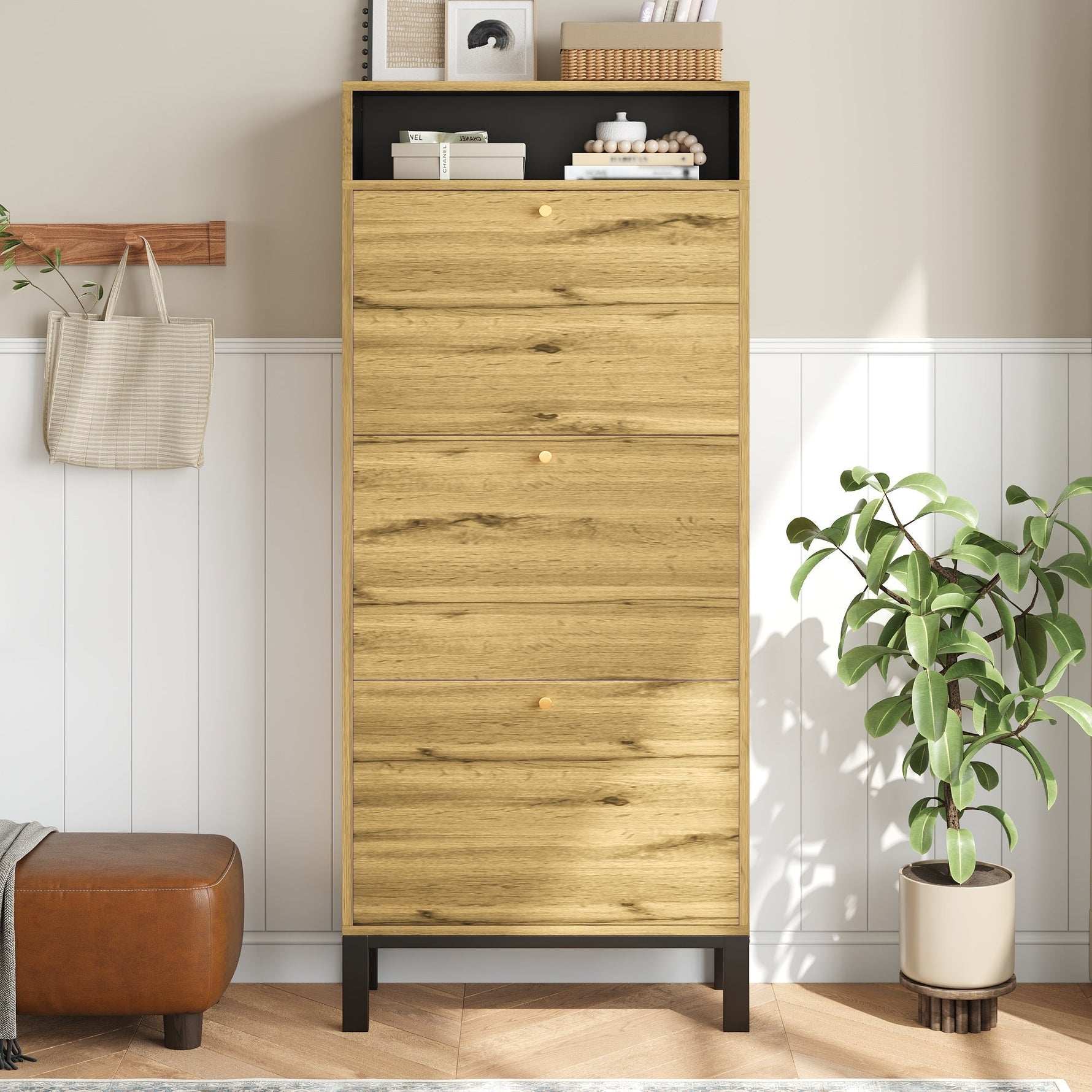 Shoe Cabinet with 3 Drawers and Additional Compartments, Tall and Narrow, Natural Wood Look