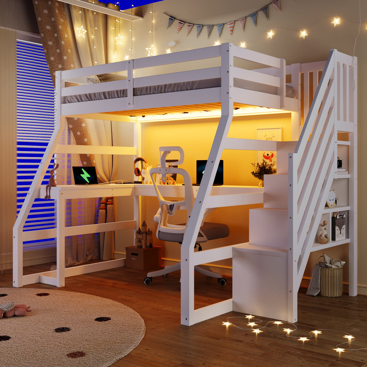 Wooden Loft Bed 90x200 with Desk, LED, USB & Storage Stairs, White