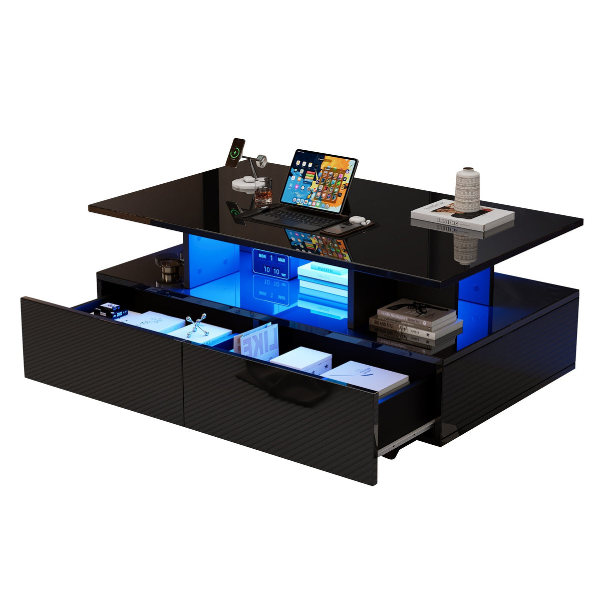 Coffee Table, Modern High-Gloss with LED & 2 Drawers, White
