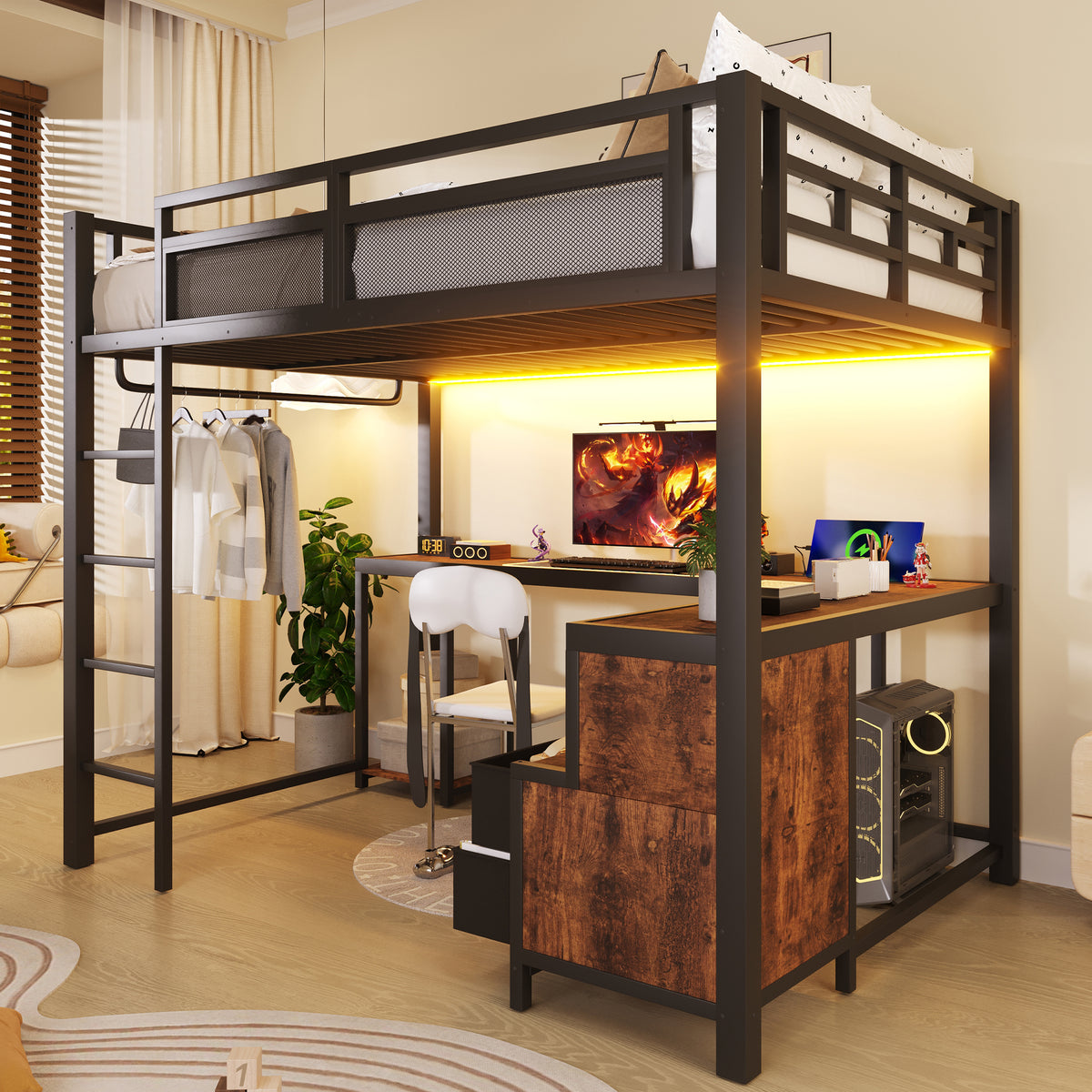 Metal Loft Bed 140x200cm with Desk, LED & Storage, Metal