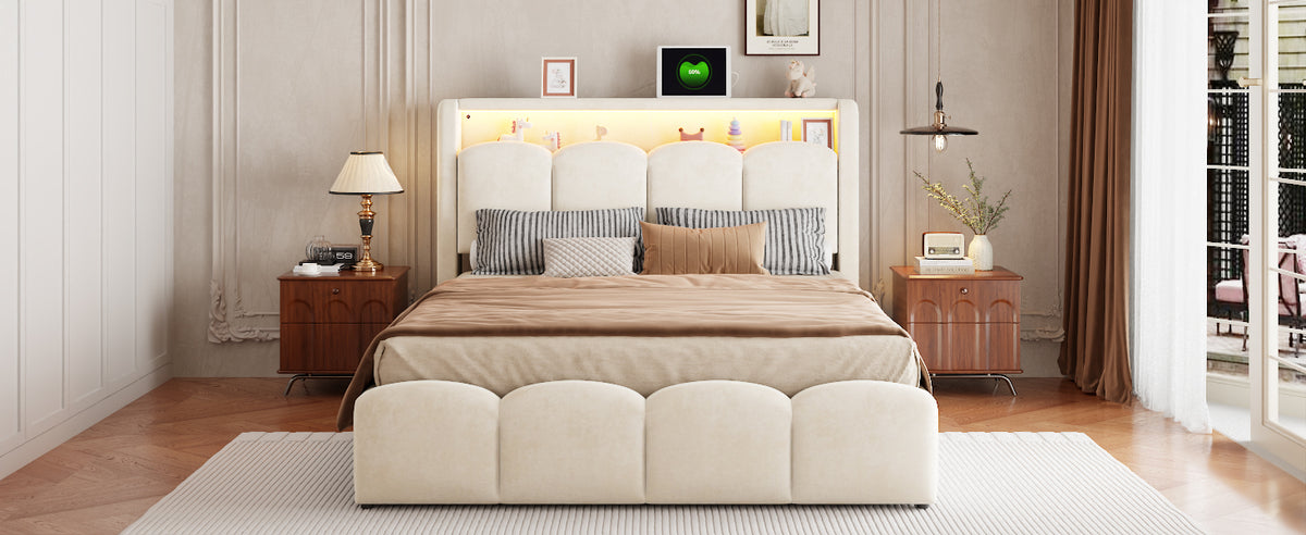 Upholstered Bed 140x200 with Hydraulic Storage & LED, Beige Velvet