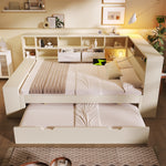Storage Bed 140x200 with Pull-Out Bed & USB Ports, White Wood