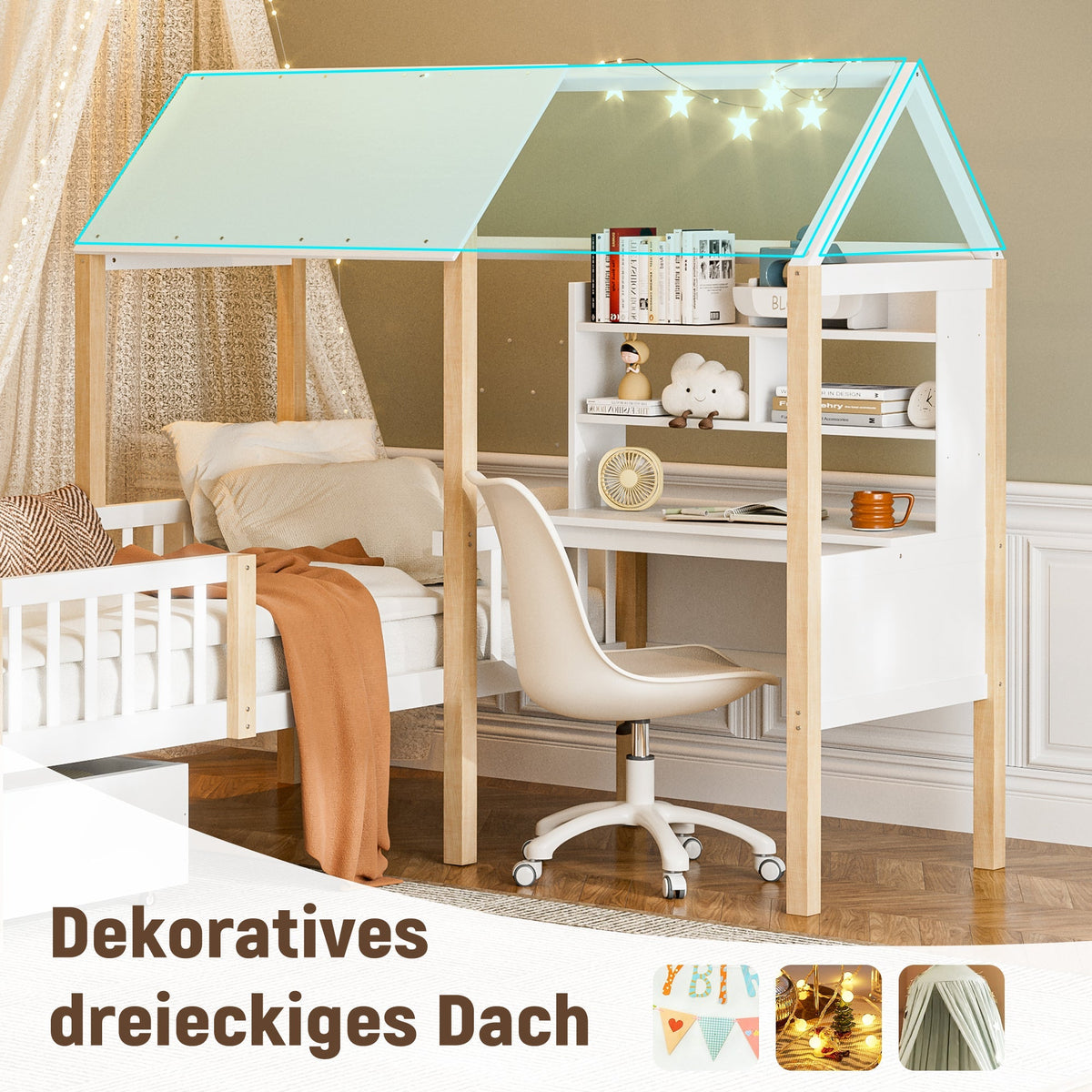 Children's House Bed 90x200cm Multifunctional Desk Bookshelf Drawers Solid Wood White