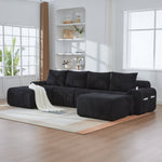 Modular 4-Seater Sofa with 2 Ottomans, Cup Holders and Storage, Black Corduroy