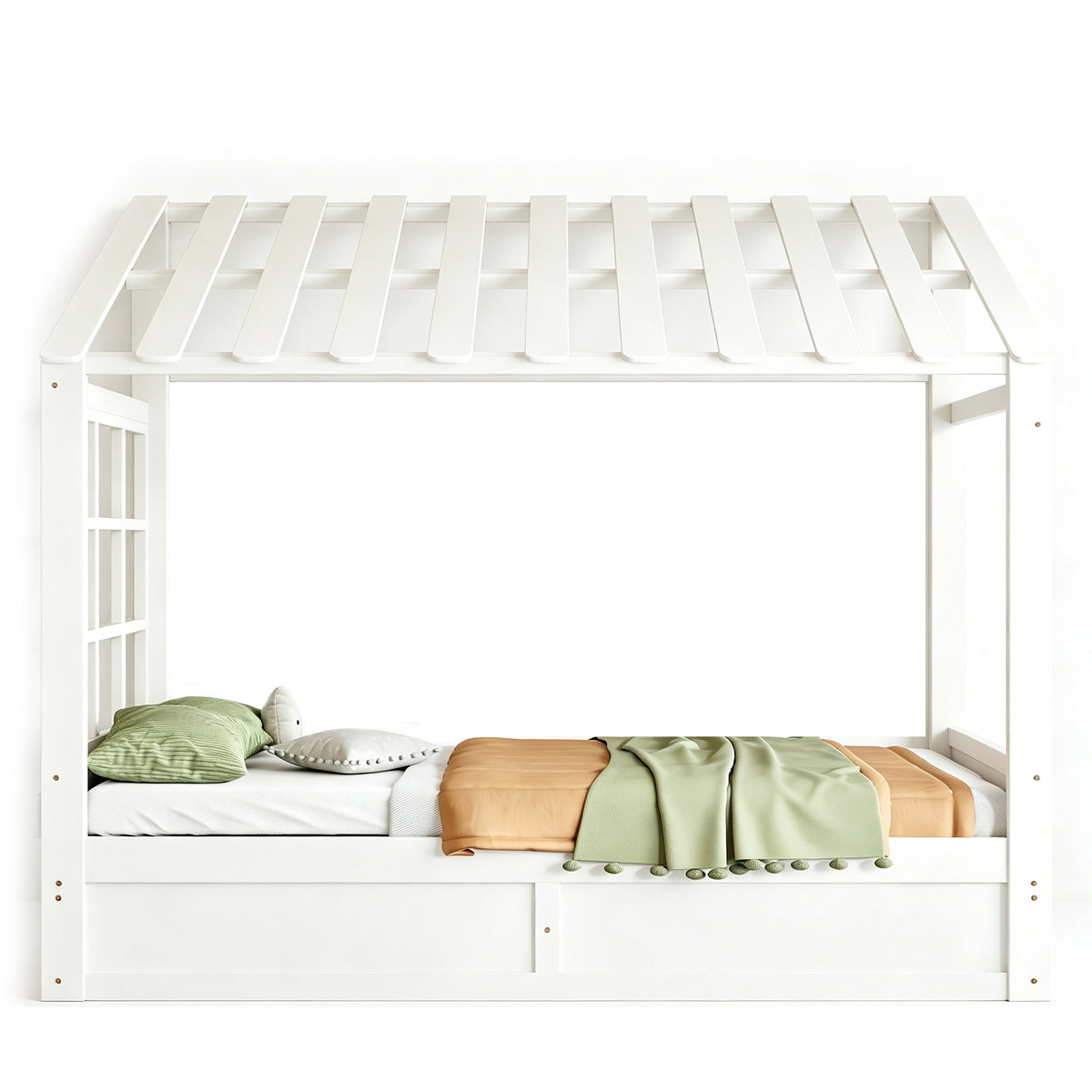 Country Style Children's Bed 90x200cm with Roof & Storage, White